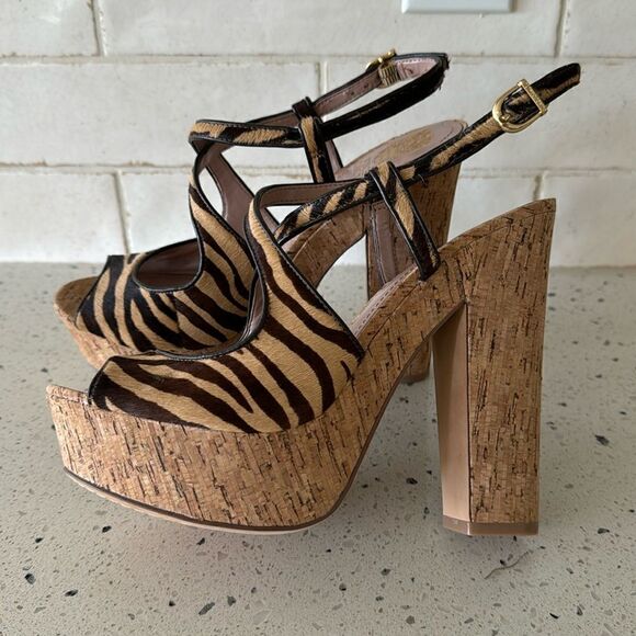 Vince Camuto VC-Deville Tan/Brown Leather Zebra Print Cork Platform Sandals Sz 9 - Picture 1 of 12